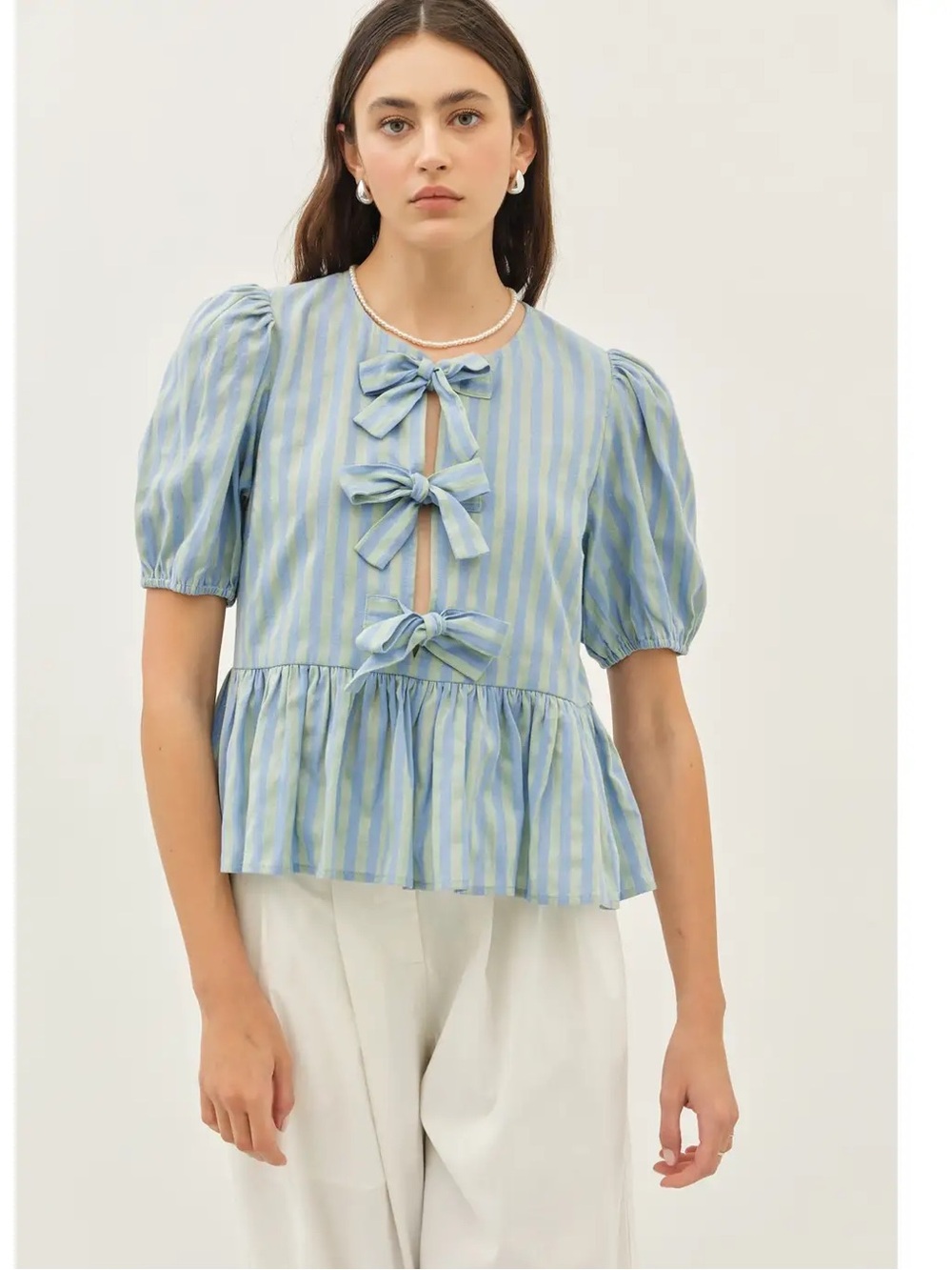 NWT Blue & Green Striped Bow Tie Peplum Top